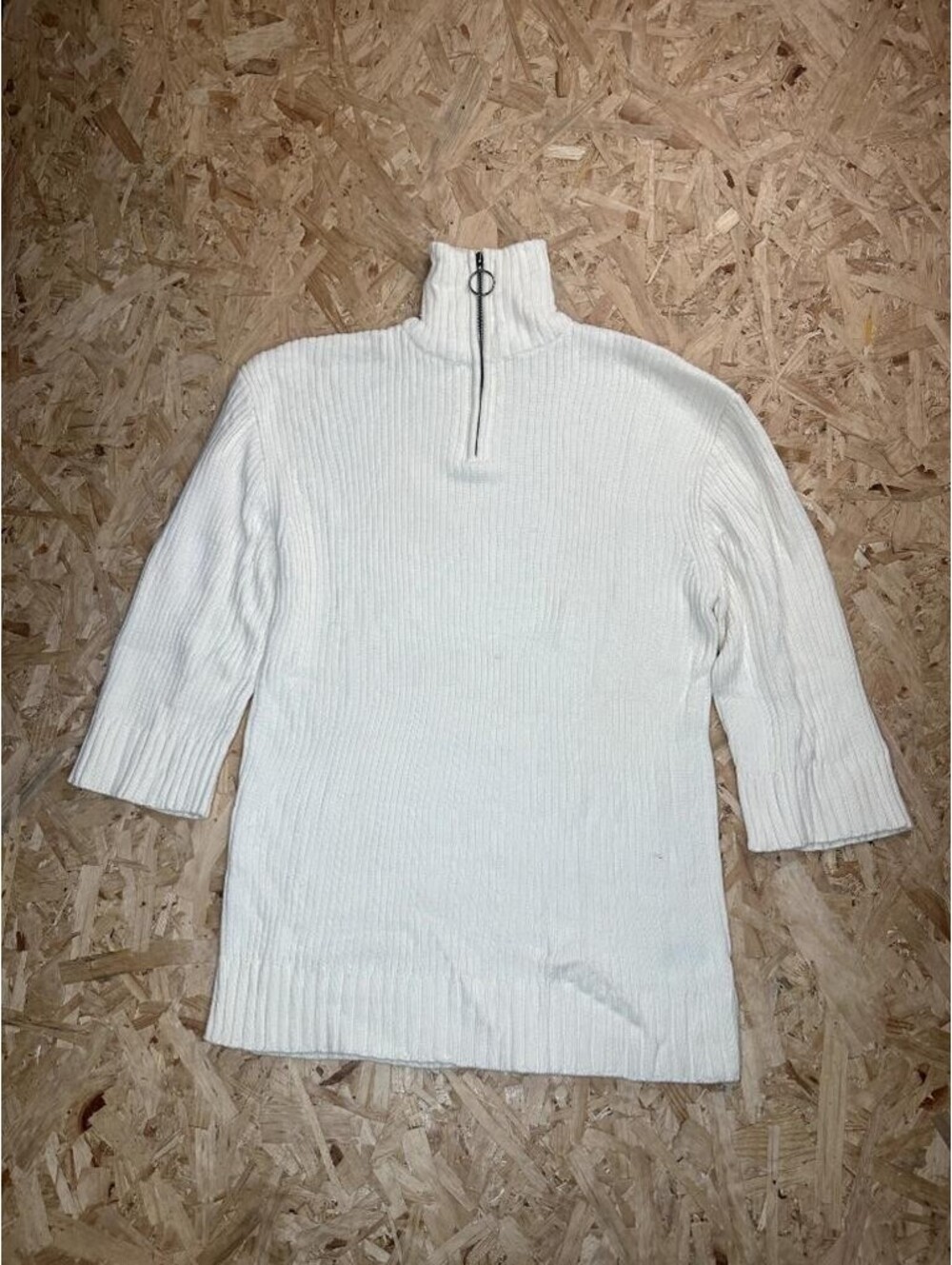H&M Divided Women's Medium White Ribbed Knit Quarter Zip Sweater Mock Neck 3/4